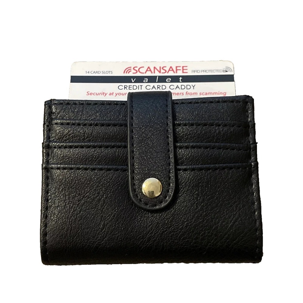 ScanSafe Valet Credit Card Caddy RFID Protection Wallet 14 Slots Leather Black #
